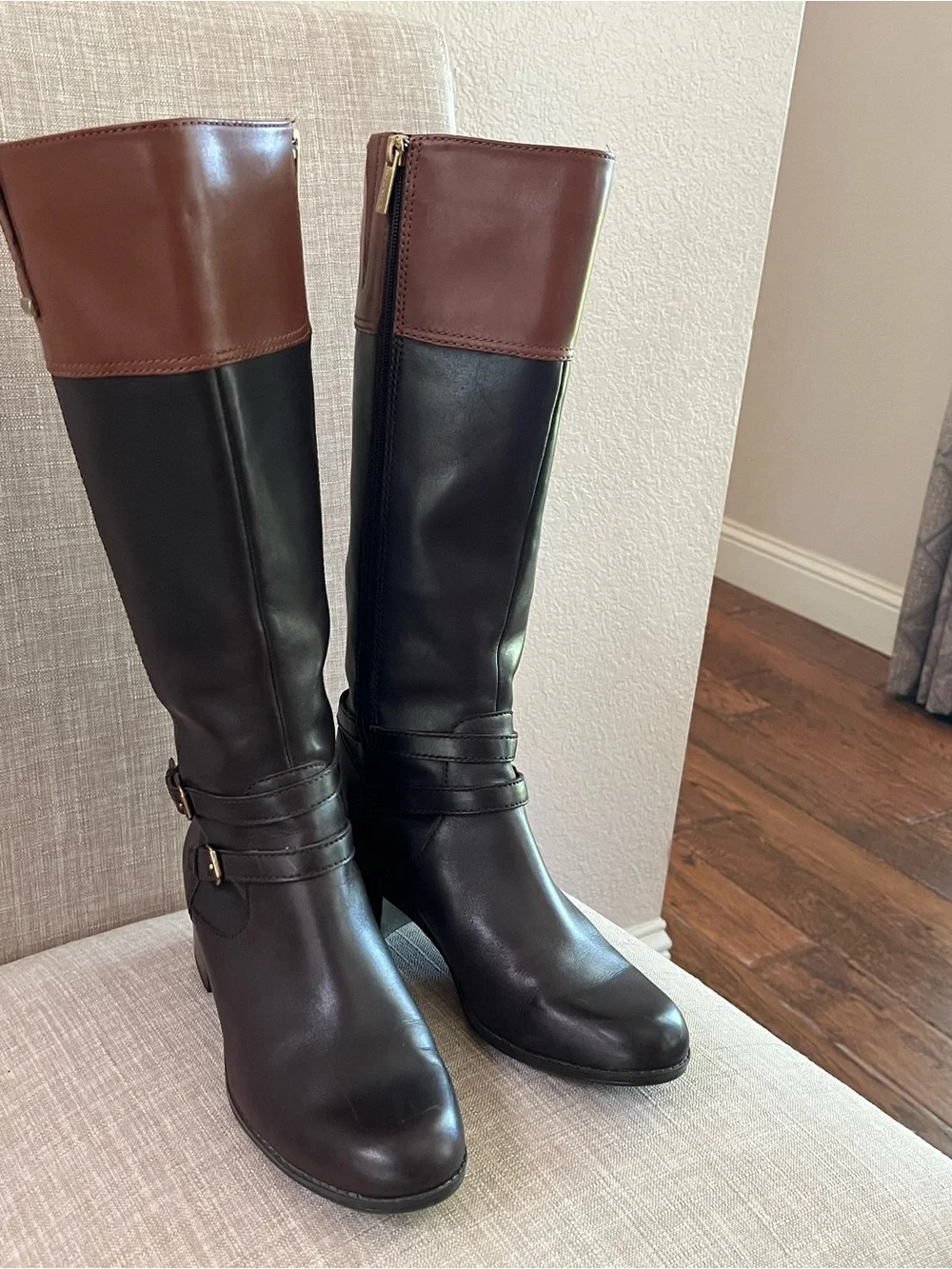 Bandolino Carlotta two-tone leather riding boots- Black and Brown